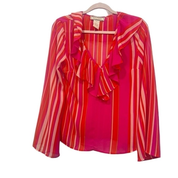 Flying tomato vibrant pink chiffon bell sleeves vertical stripes blouse … - Picture 4 of 8